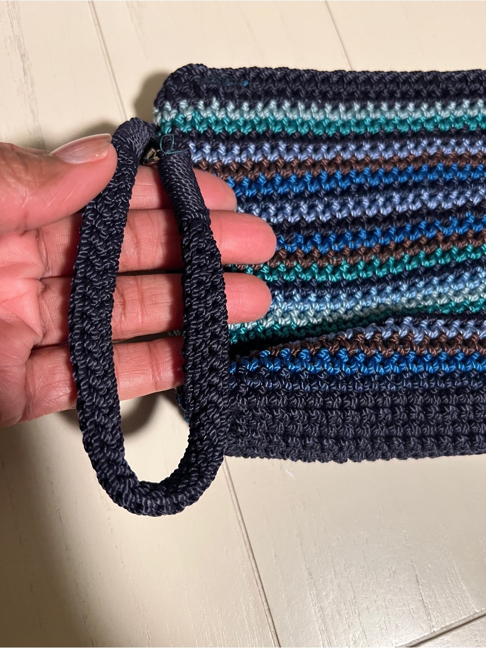 SAK Handcrafted Blue Striped Crochet Cosmetic Pouch - Picture 8 of 11